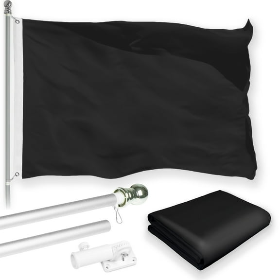 G128 Combo Pack: 6 Feet Tangle Free Spinning Flagpole (Silver) Solid Black Flag 3x5 ft Printed 150D Brass Grommets (Flag Included) Aluminum Flag Pole