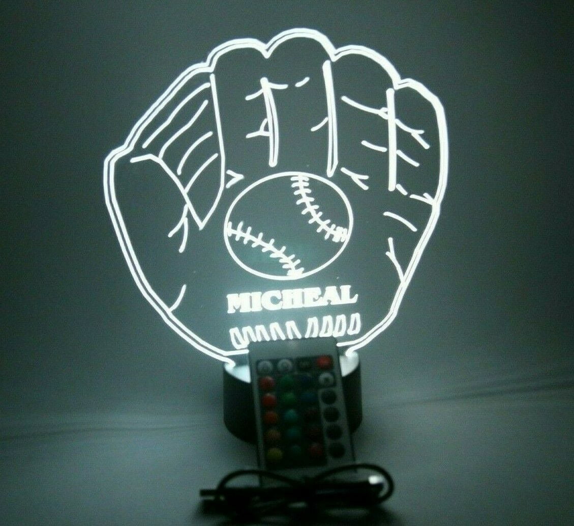 Baseball Glove Mitt Sports Team Player Fan Name Night Light Up Lamp LED Personalized Any Name