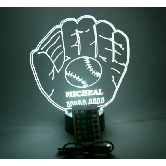 Baseball Glove Mitt Sports Team Player Fan Name Night Light Up Lamp LED Personalized Any Name Custom Desk Table Lamp, It's Wow, with Remote 16 Colors Changing, Free Engraving, Great Gift