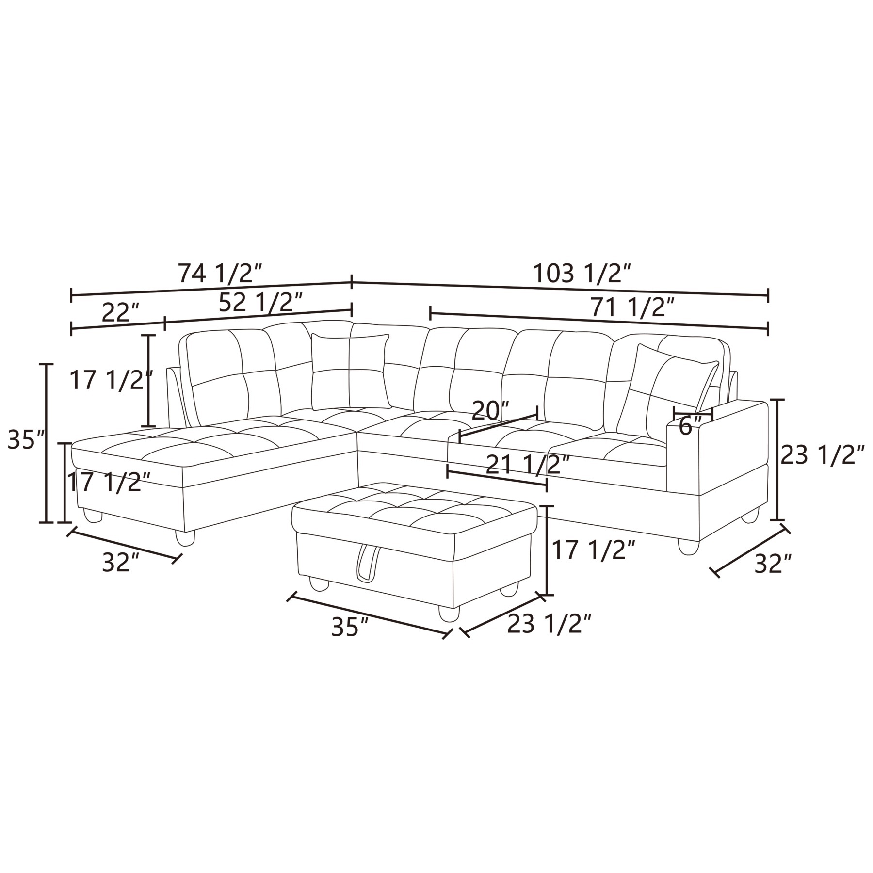 Hommoo 2-Piece Flannel Living Room Furniture Set, L-Shaped Sectional Couches and Sofa Set, Left Side, No Ottomans,Light Gray