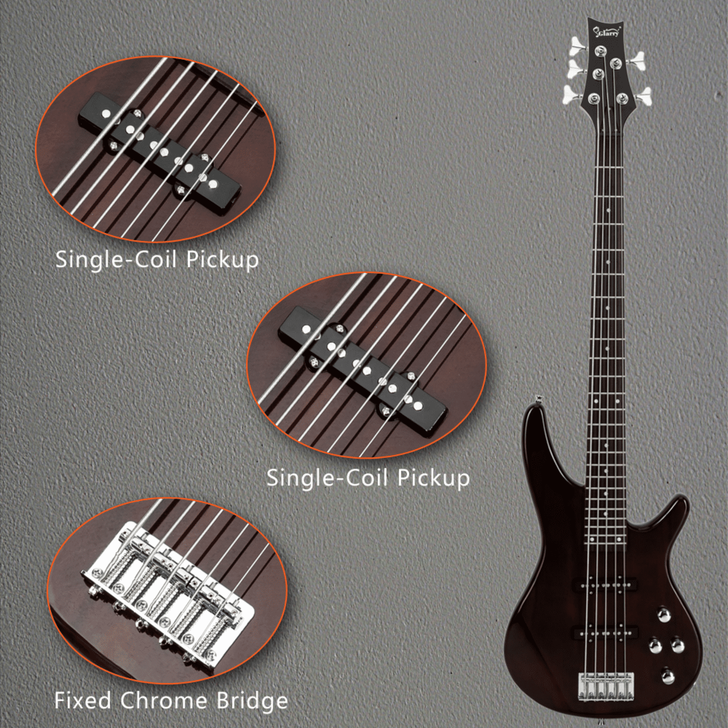 Hassch 5 String Electric Bass Guitar Full Size with Bag, Strap, Pick, Connector and Wrench Tool for Beginners, Earth Brown