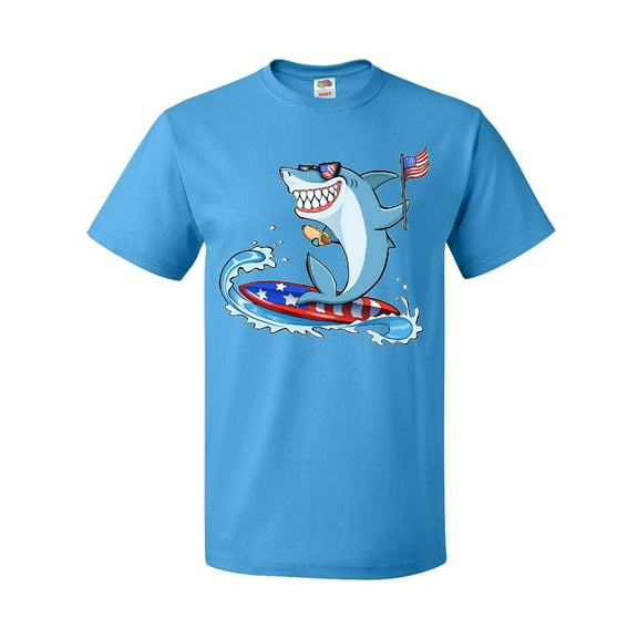 Inktastic Fourth of July Shark Surfing T-Shirt
