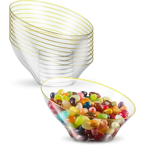 PLASTICPRO Angled Clear Plastic Serving Bowls Gold Rim Plasticware Disposable Bowls, 8 Pack