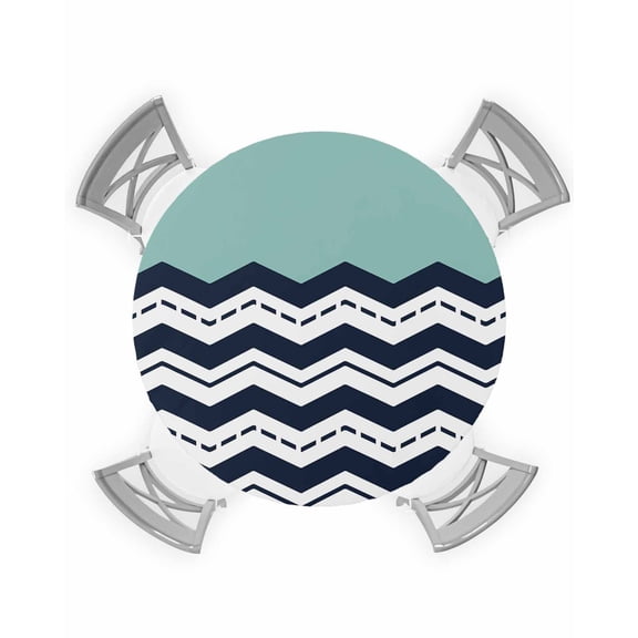 nqOlkjepod Black Chevron Round Tablecloth, Fitted Table Cover with Elastic for 45"-54" Round Tables, Geometric Turquoise Wavy Striped White Table Cloth Outdoor Dinning Party Waterproof Tablecloths
