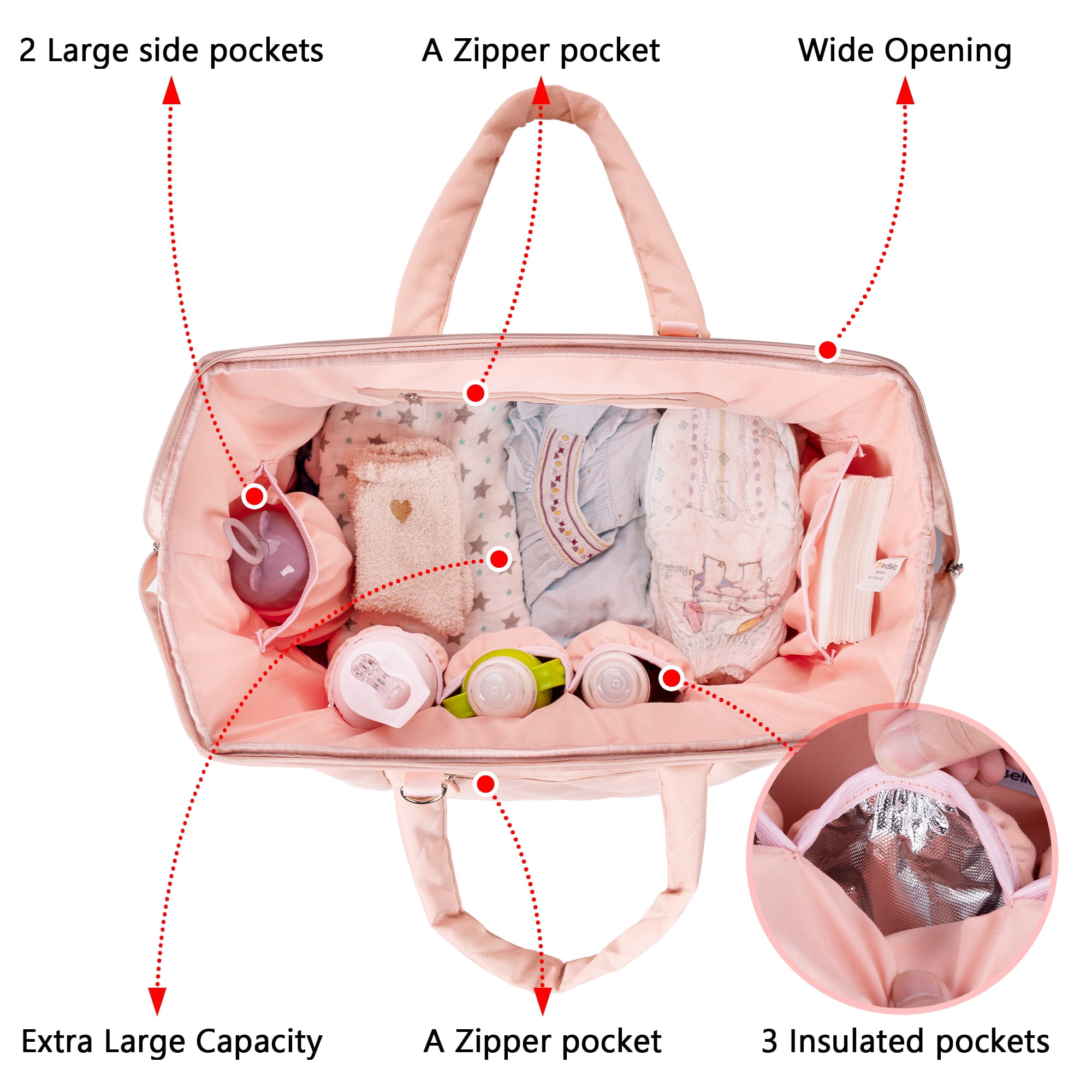printe Diaper Bag Tote for Girls with 2 Organizer Pouches, Large Capacity  Mommy Bag for Hospital and Weekender Travel, Pink
