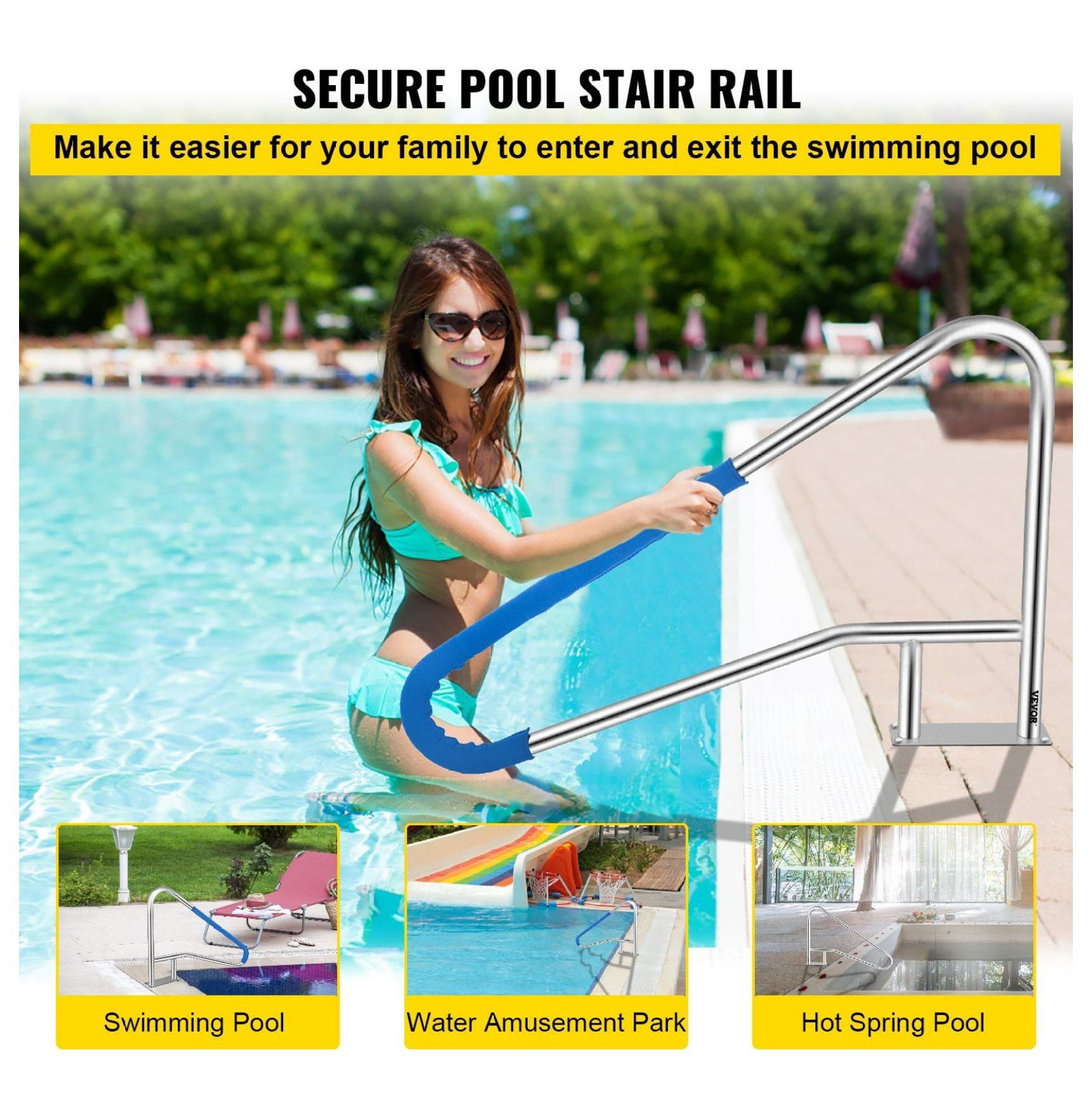 Pool Rail 55x32 Stainless Steel Handrail - 250LBS Capacity, Rustproof, with Blue Grip & Installation Kit