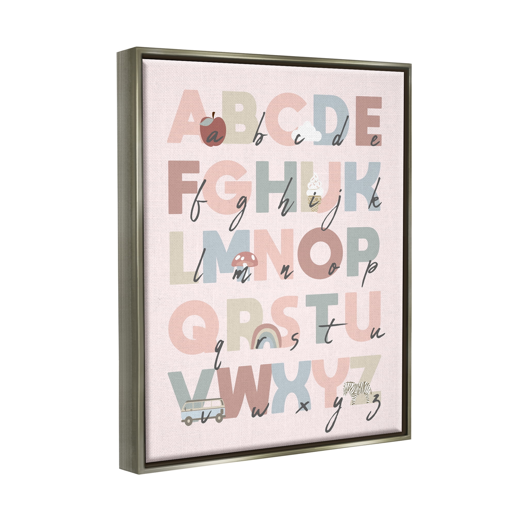 Stupell Industries Pink Pastel Alphabet Chart Botanical & Floral Painting Gray Floater Framed Canvas Art Print Wall Art, 25 x 31