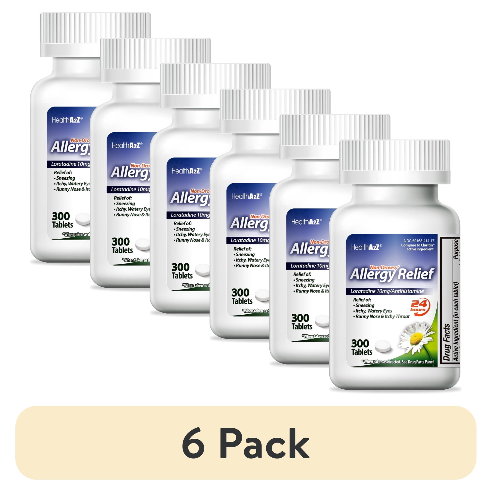 (6 pack) HealthA2Z Allergy Medicine Loratadine, 24 Hour Non-Drowsy Allergy Pill and Sinus Relief, 10 mg, 300 Tablets