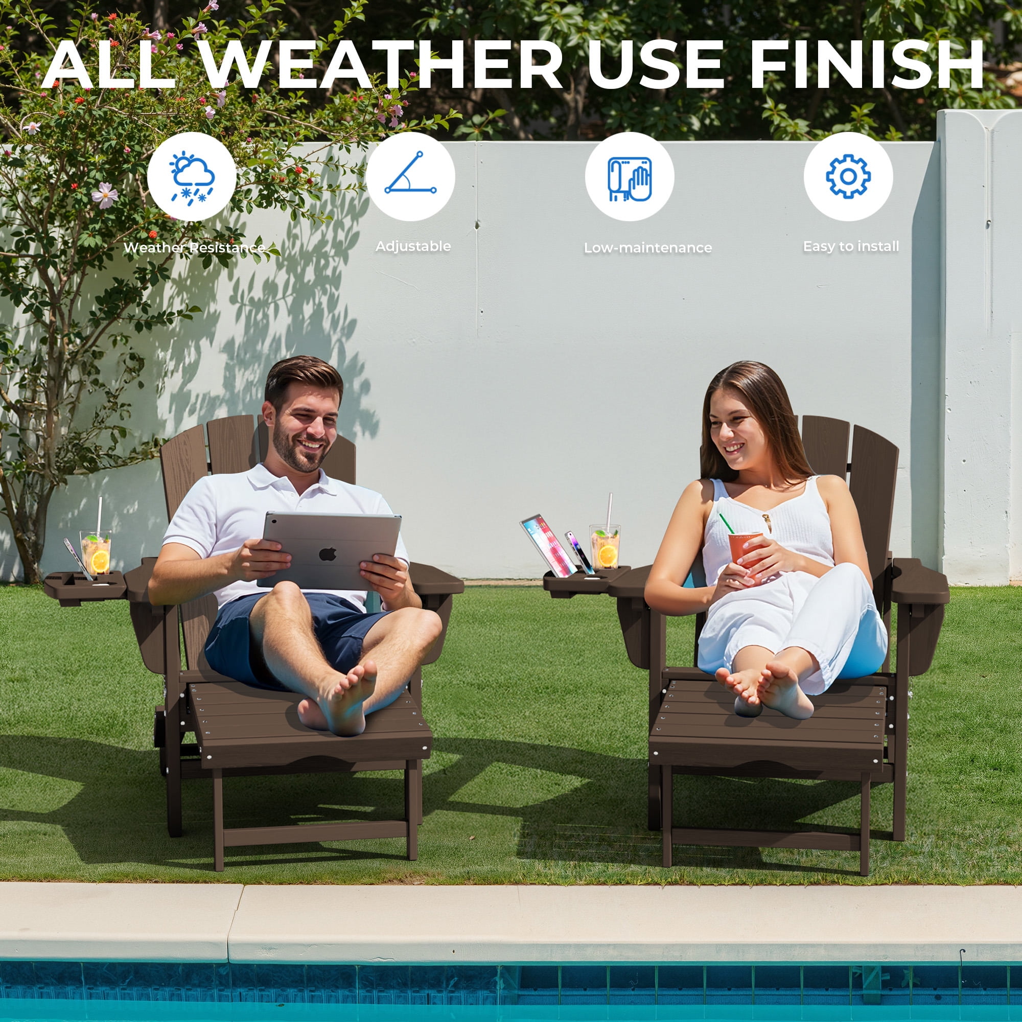 KINGYES Folding Adirondack Chair set of 4, Adjustable Backrest with Pull-Out Footrest & 4-in-1 Mobile Phone, Tablet, Cup Holder Tray, HDPE Plastic Adirondack Chair for Patio Garden Outdoors Fire Pit