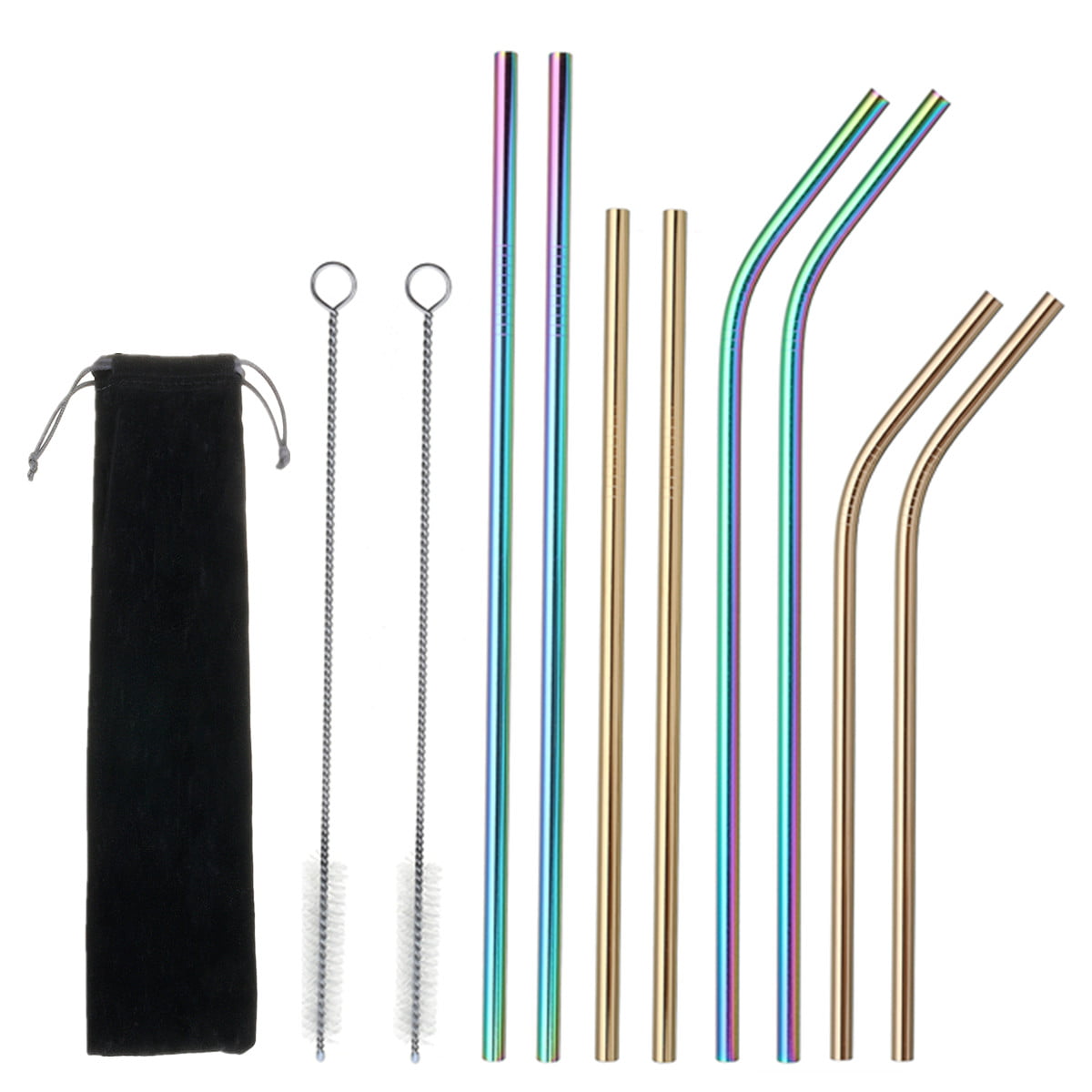 8x Stainless Steel Metal Rainbow Extra Long 26cm Drinking Straws Brush Pouch