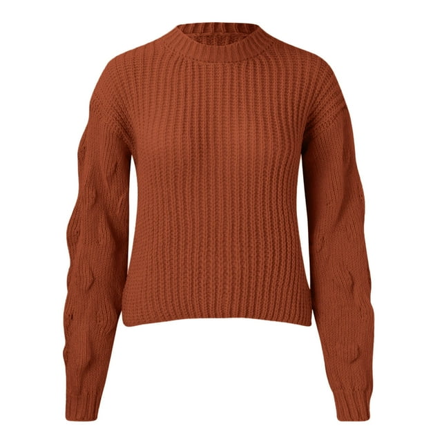 Chandail à Manches Courtes Bouffantes Automne et Hiver pour Femmes Col Rond Chandail Uni
