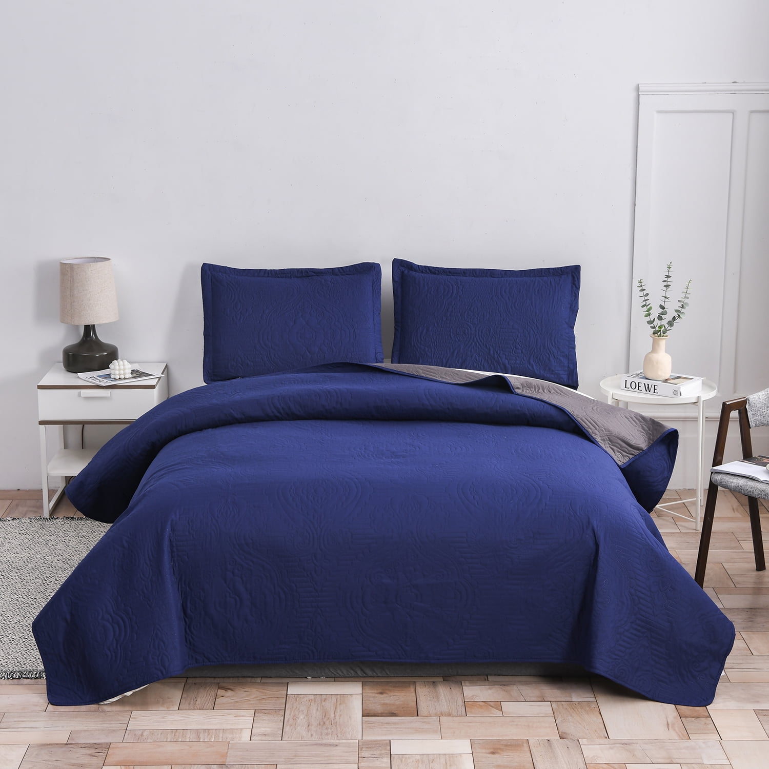 Jessy Home Grey Quilt Bedspread Twin Size Navy Blue Microfiber Bedding