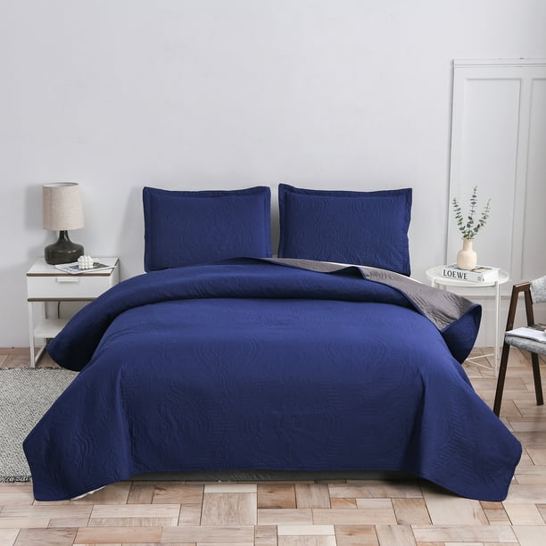 Jessy Home Grey Quilt Bedspread King Size Navy Blue Microfiber Bedding ...