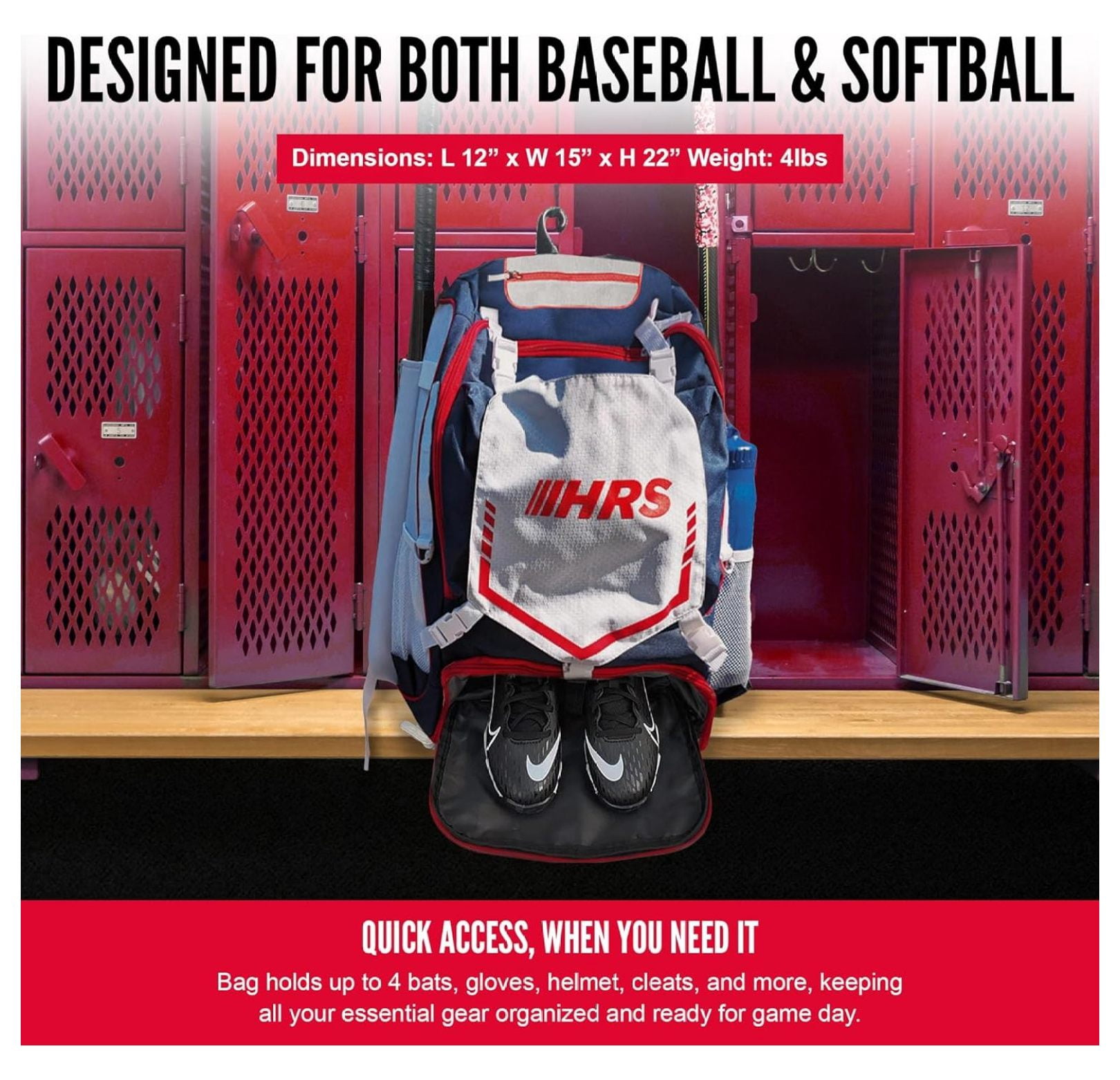 Baseball Bag, Softball Bat Bag for Youth & Adult. Holds 4 Bats, Glove, Water Bottle, Shoe Compartment, Helmet, Fence Hook for Equipment & Gear