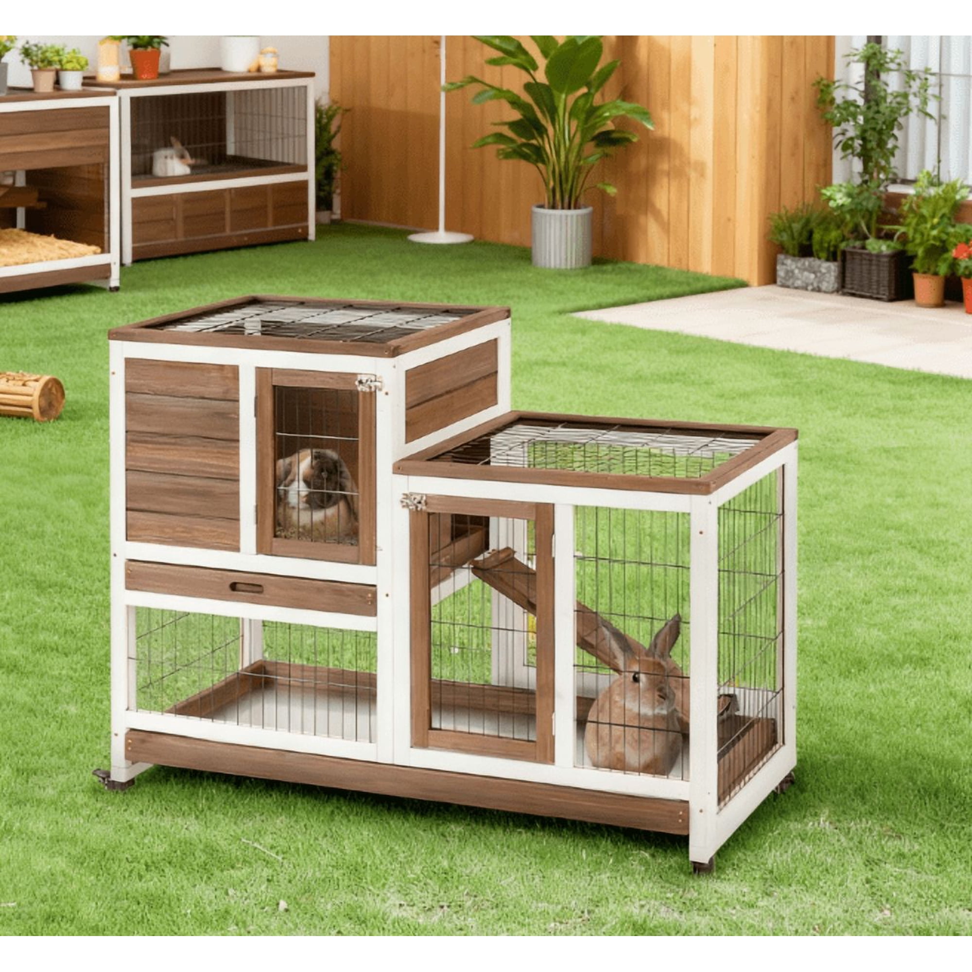 Wooden Rabbit Hutch Elevated Bunny Cage Indoor with Enclosed Run with Wheels, Ramp, Removable Tray, Brown
