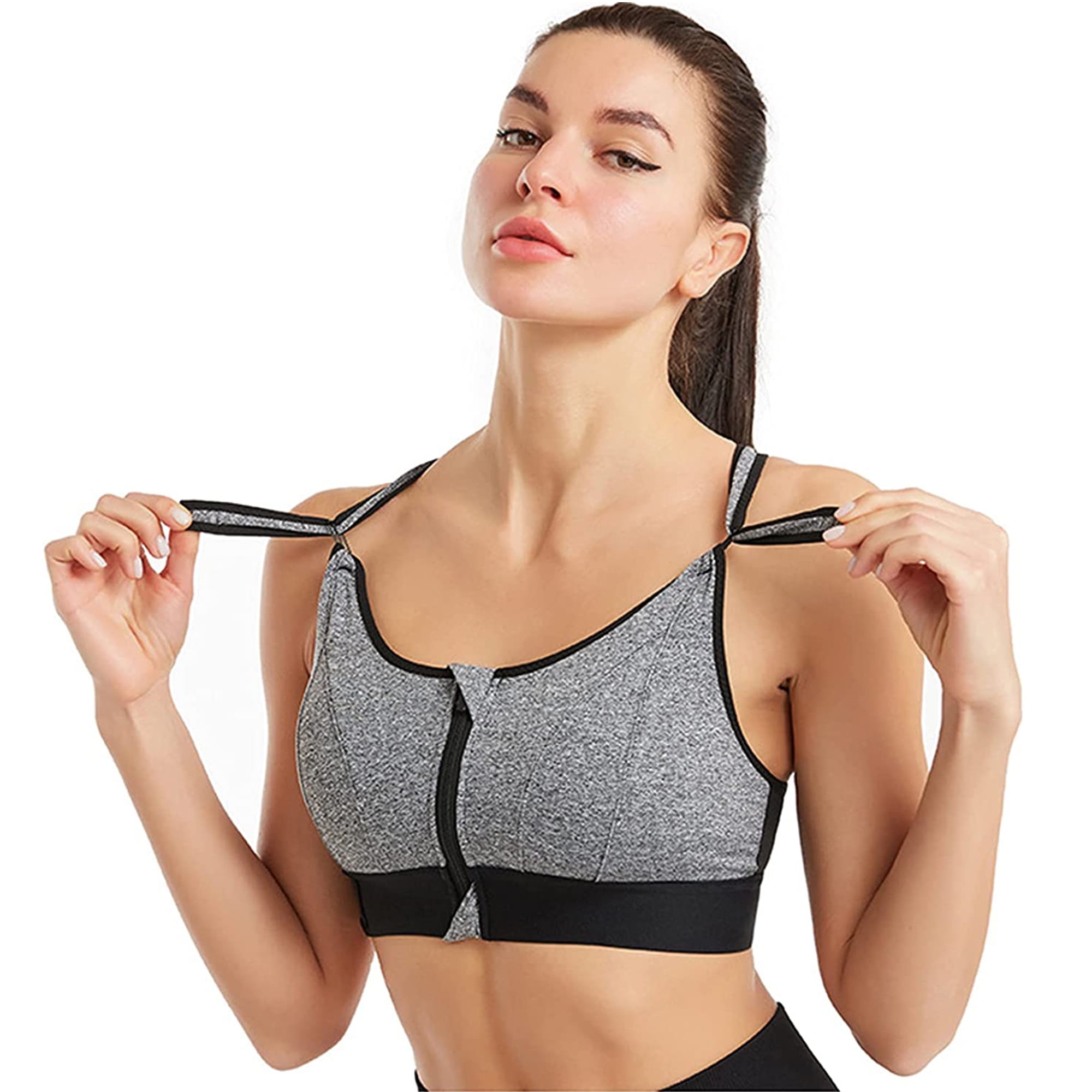 Elbourn 1Pack Women's Sports Bra Front Zipper Closure Sports Bra High  Impact Support Racerback Workout Yoga Sports Bras （Gary-3XL） 