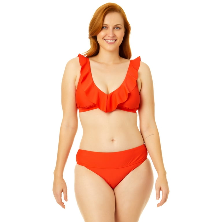 Time and Tru Women s Ruffle Plunge Swim Top Walmart