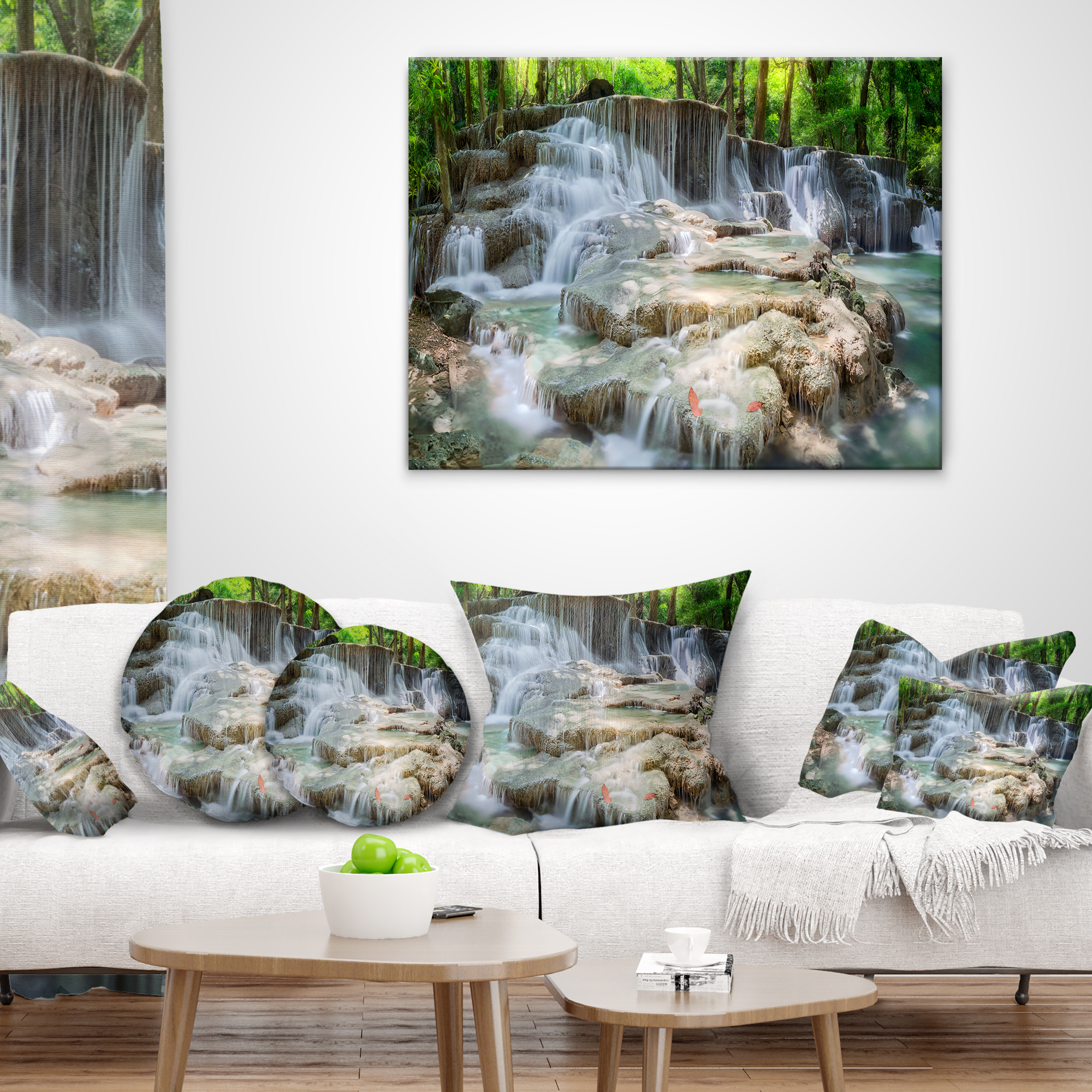 Designart White Huay Mae Kamin Waterfall - Landscape Photography Throw Pillow - 16x16