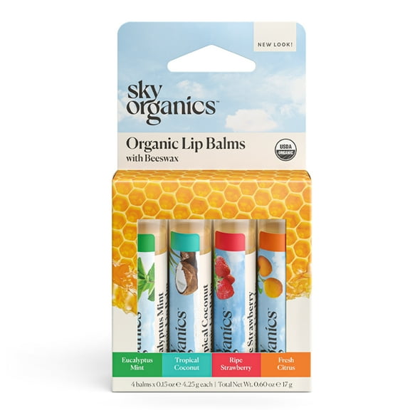 Sky Organics Organic Lip Balm with Beeswax to Moisturize Lips, Assorted Flavors, 4 Pack