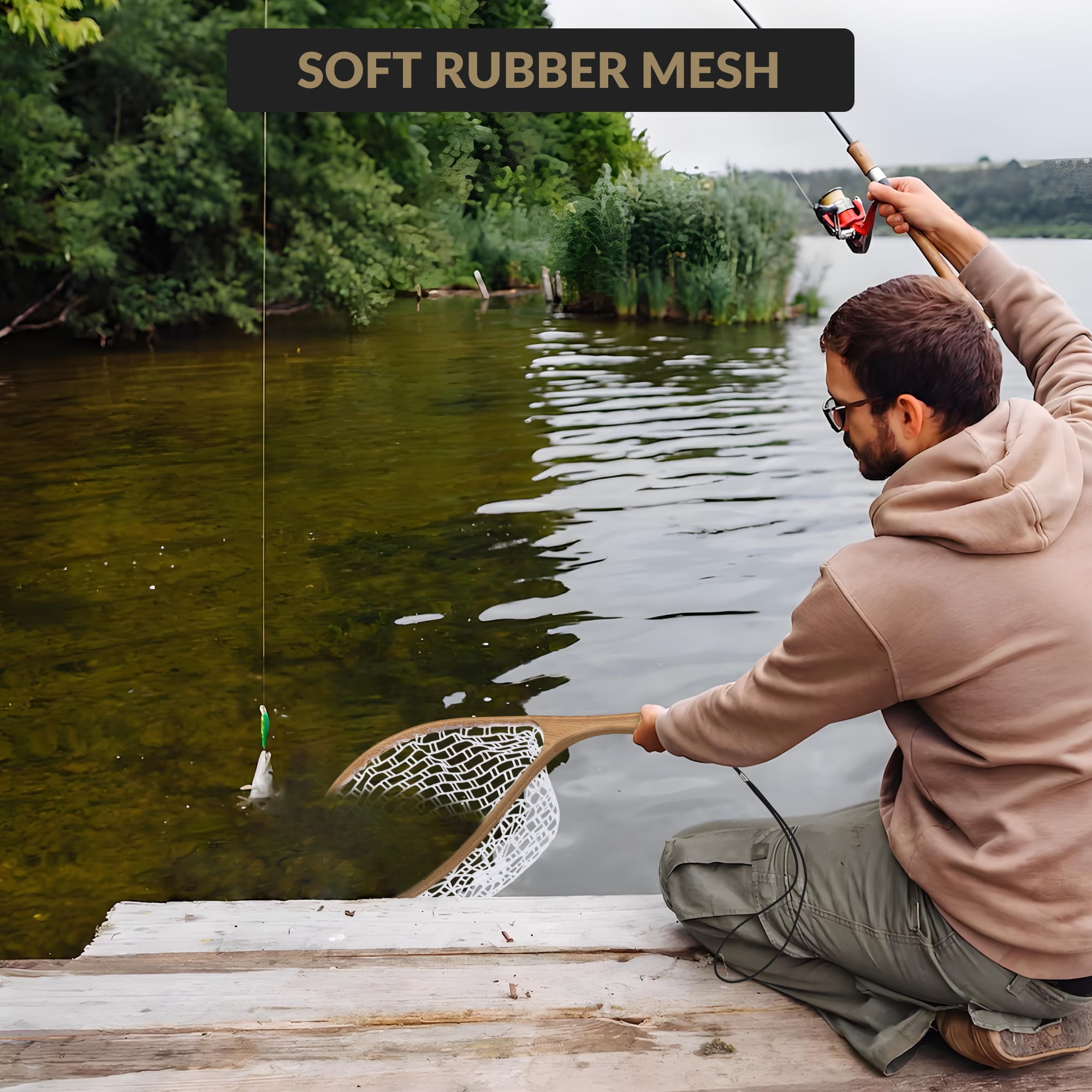 Fly Fishing Net Trout Net, Wooden Frame Landing Net with Soft Rubber Mesh for Catch and Release (Clear Small Holes)