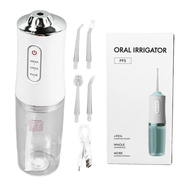 Irrigador bucal con hilo dental eléctrico, portátil, altamente eficaz, con 4 cabezales reemplazables, recargable por pulsos, para la salud bucal, color blanco