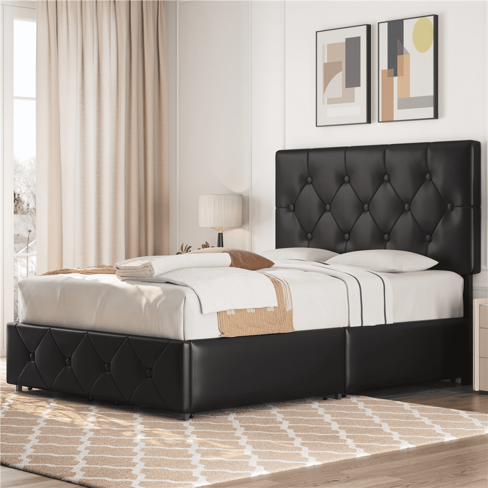 Renwick Diamond Button-Tufted Upholstered Platform Bed with Storage, Adult, Black, Full