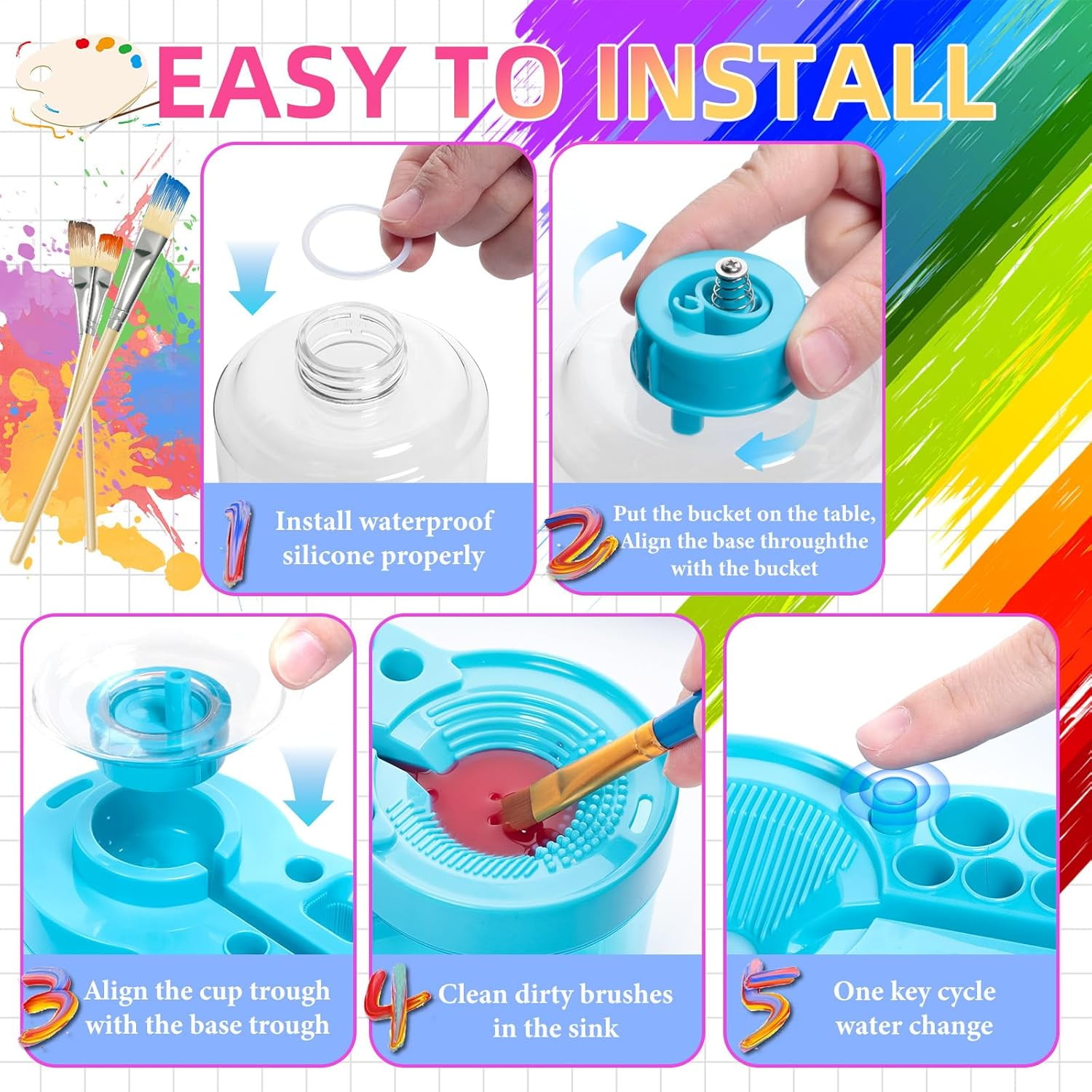 Paint Brush Cleaner with Paint Tray, Upgraded 6-in-1 Painting Supplies with Drain and Brush Holder, Water Circulation Painting Supplies for Acrylic, Watercolor, Water Based Paints