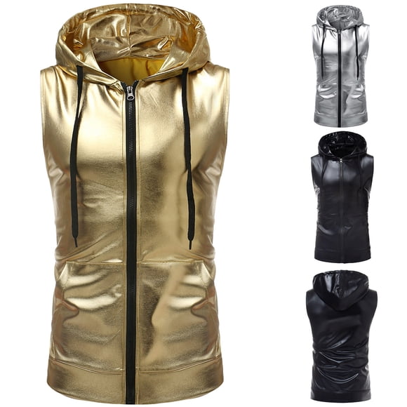 Aboser Metallic Vest for Men Hipster Party Club Hoodies Zip Up Sleeveless Hooded Vest Men's 70s Disco T Shirt with Pockets