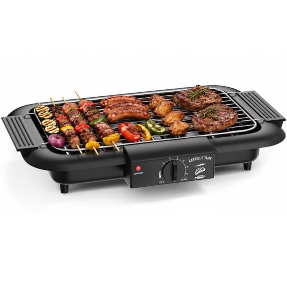Electric BBQ Grill, Smokeless Non-Stick Indoor/Outdoor Barbecue Grill, Double tube High Power Portable Removable Stand Grill for BBQ Party (Elegant Black)