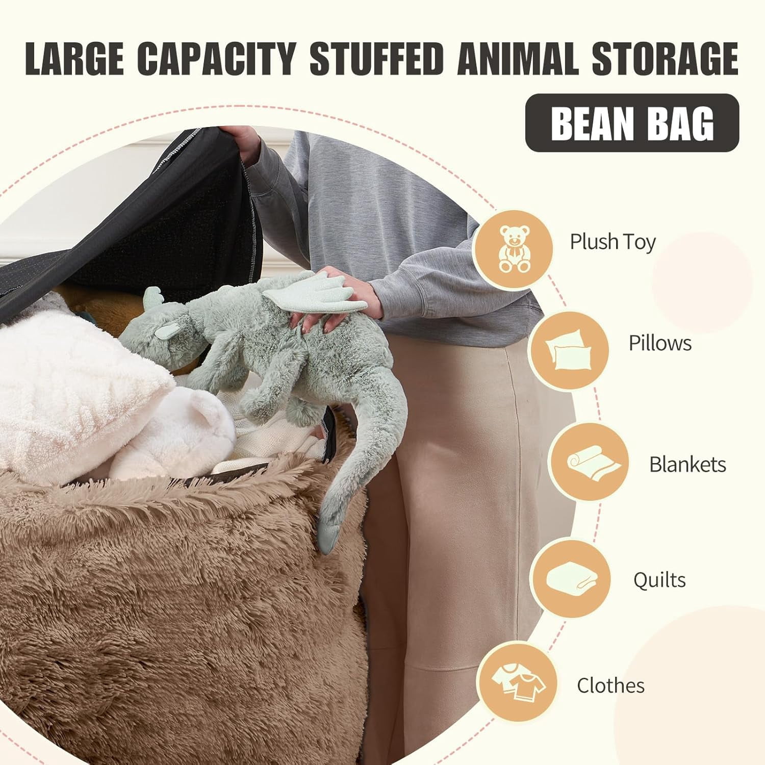 RAINBEAN Large Bean Bag Chair Cover, Plush Bean Bags Chairs Cover Only Without Filler Included, Beanbag Chairs for Adults, Teens, Kids, Brown 5FT