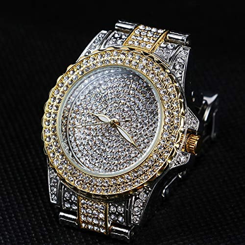 Smalody Montre de Luxe Ronde pour Femmes Cristal Strass Diamant Montres en Acier Inoxydable Montre-Bracelet Glacée avec Mouvement Quartz Japonais pour Femmes / Diamants de Laboratoire Simulés (Or Mélangé)