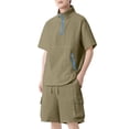 thumbnail image 2 of Men Bubble Textured 2 Piece Outfit Set, Quarter Zip Stand Collar Short Sleeve Jacket and Drawstring Elastic Waist Cargo Pocket Shorts Summer Tracksuit Size 4XL Army Green, 2 of 9
