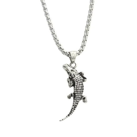 PAMTIER Men's Stainless Steel Vintage Domineering Hip Hop Crocodile Skull Biker Pendant Necklace Skeleton Alligator Head Silver with Chain