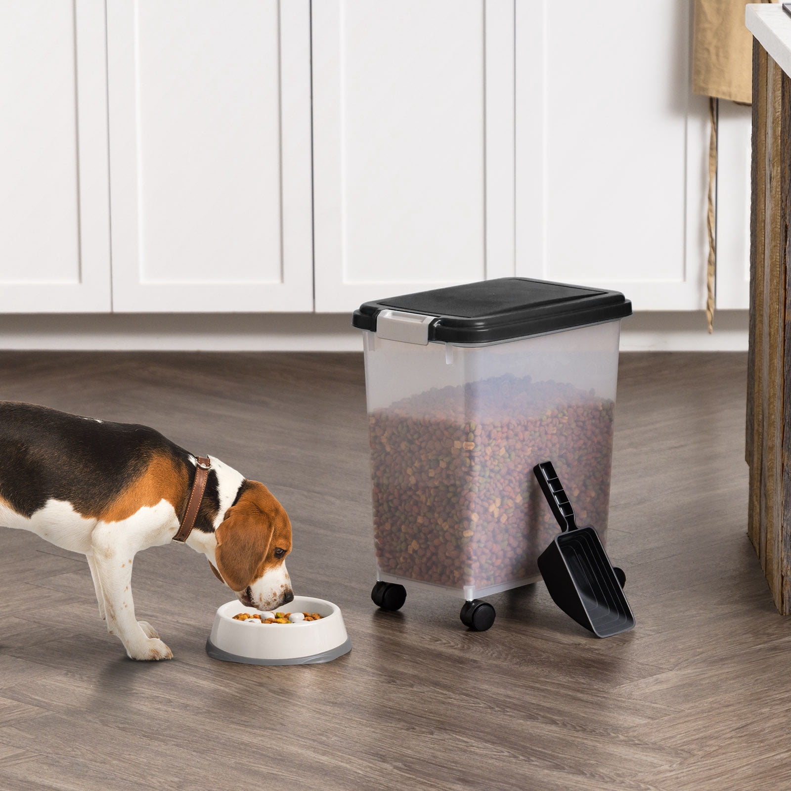 IRIS 30 Lbs Airtight Dog Food Storage Container with 2-Cup Scoop and Slow Feeder Bowl Combo, Black