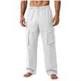 thumbnail image 2 of Timoontee Men Straight Wide Waist Cargo Pants Soft Sturdy Twill Fabric Diagonal Seam Stitching Large Thigh Patch Pockets Button Elastic Waist Casual Work Trousers White M, 2 of 6