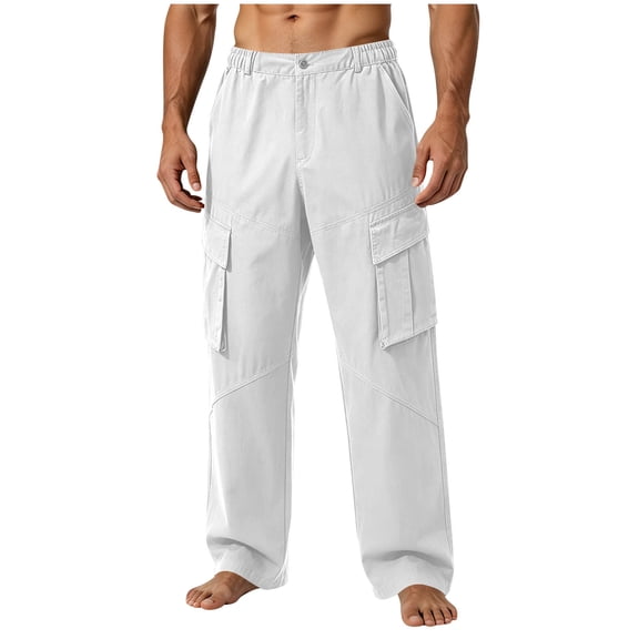 Jerdar Men's Casual Fashionable Solid Color Button Zipper Multi Pocket Work Pants Drawstring Pants