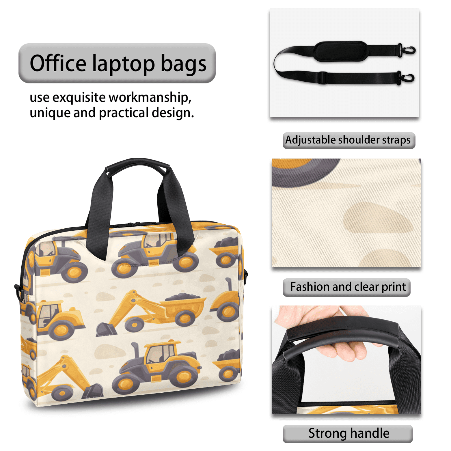Herdesigns Construction Trucks Laptop Bag for Women Men, Computer Case Briefcase Messenger Bags, 15-15.6 inch Laptop Sleeve Shoulder Bag