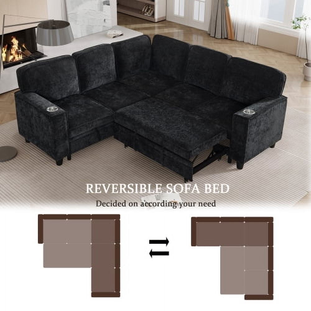 81" L-Shaped Sectional Sofa Bed with Pull Out Sleeper & Storage Seat, 5-Seat Convertible Couch with USB & Type-C Ports, Charcoal Grey