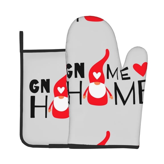 Xecao Gnome Home With A Cute Gnome Pattern Oven Mitts and Pot Holders Sets Heat Resistant Silicone Oven Mittens Extra Thicken Long Kitchen Cotton Oven Glove for Cooking