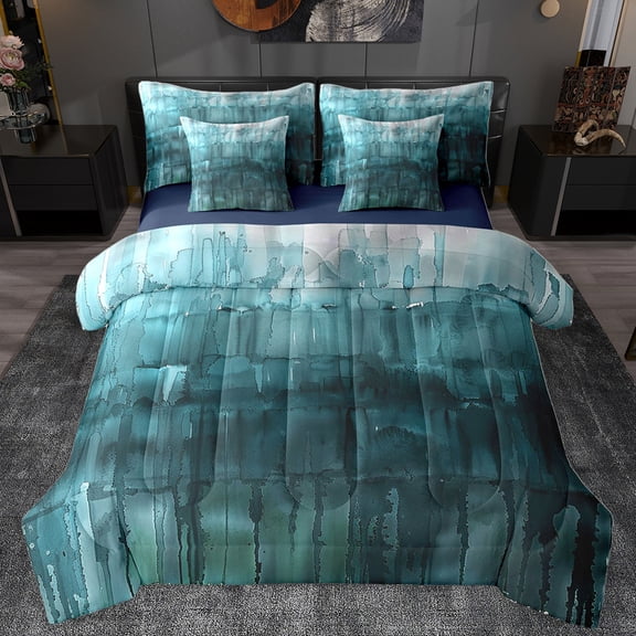 Homewish Painting Artistic 7-Piece Twin Bedding Sets,Modern Aesthetic Bedding Comforter Set,Teal Splashing Ink Sheet Sets For Teens,Microfiber Bedroom Decor Reversible