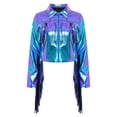 thumbnail image 3 of Haitryli Shiny Fringe Cropped Jacket for Women Long Sleeve Lapel Zip Up Western Style Biker Outerwear Iridescent L, 3 of 6