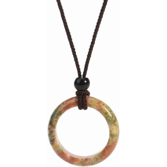 Round Natural Stone Pendant Necklace for Women Mini Circle Pink Quartz Crystal Collar NecklaceS Choker Jewelry(Unakite)[n976]