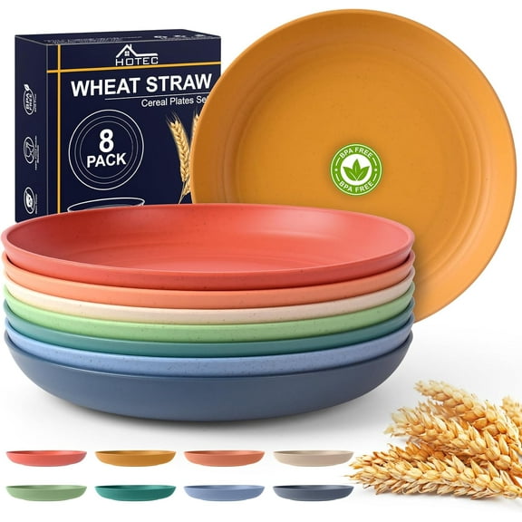 8-Pack 10inch BPA Free Unbreakable Deep Dinner Plates, Wheat Straw Plastic Plates Dishwasher Safe Kitchen Plates Dinnerware Multicolor