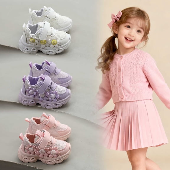Kids Light-Up Sneakers, Lace Upper Adjustable Hook-and-Loop Strap Shoes with Flower Decor, Low-Top Breathable Non Slip LED Flashing Walking Shoes for Toddler and Little Kids White 30