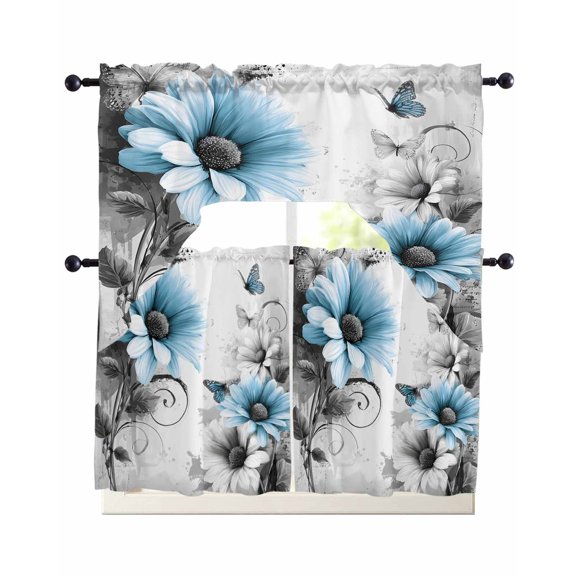 Blue Gray Daisy Butterfly Swag Valance for Window, 3 Piece Floral Botanical Watercolor Plant Light Filtering Swag Curtain Rod Pocket Kitchen Curtain Valance for Bedroom 3 Piece