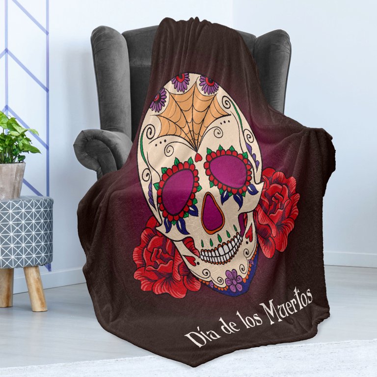 Day of the Dead Soft Flannel Fleece Blanket Dia de Los Muertos Words Spanish Skull Dead Head Skeleton Vivid Print Cozy Plush for Indoor and Outdoor