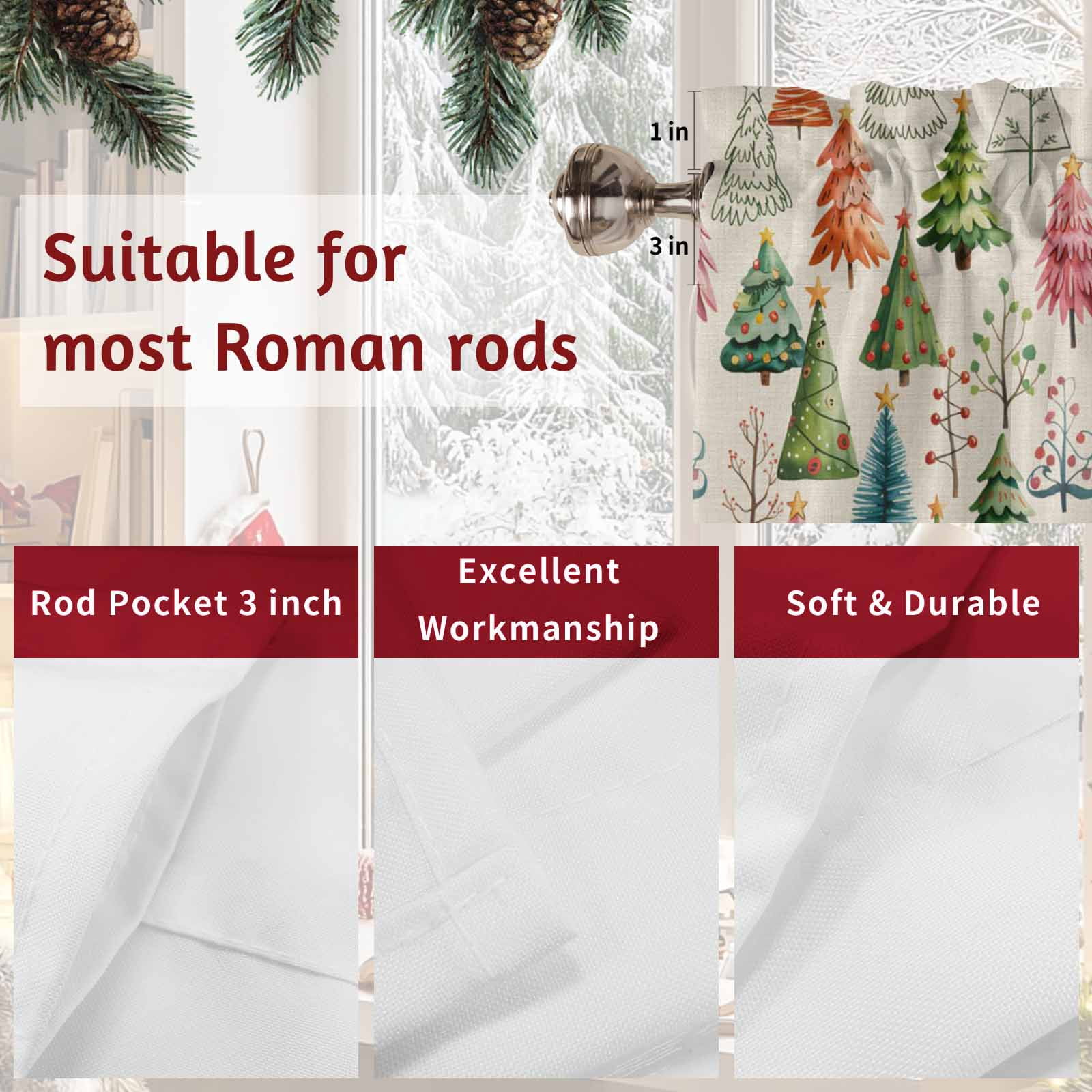 Vintage Christmas Tree Valances for Windows,Kitchen Valance Rod Pocket Short Curtain,Winter Plant on Linen Valance Curtain Window Valances for Bedroom 54x18in