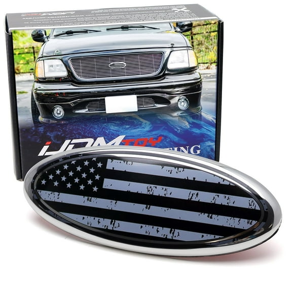 7-Inch Distressed Grayscale US Flag Design Front Grille Oval Emblem Badge For Ford 2004-10 Explorer 2003-06 Expedition 2007-14 Edge 2007-12 Fusion 2008-15 Escape 1999-04 F150 F250