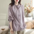 thumbnail image 6 of YUEHUA Women's Linen Blend Ruffle Trim Button Up Shirt, High Neck Long Sleeve Loose Fit Blouse, Vintage Style Casual Top, 6 of 8