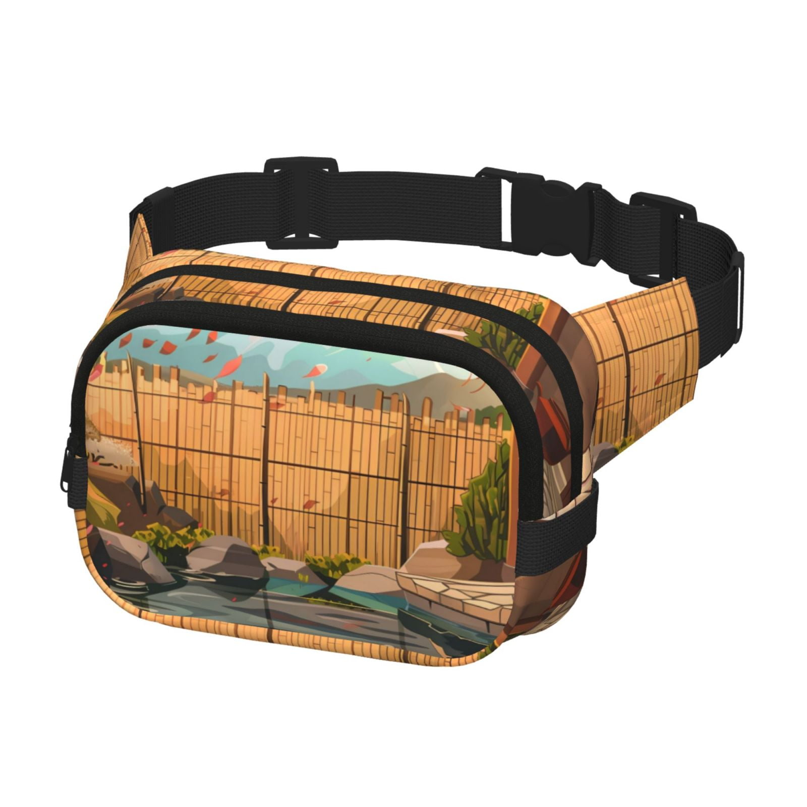 Picia Tranquil Garden Landscape Print Square Double-Layer Waist Bag Mini Adjustable Waist Belt Bag Exercise Running Travel Hiking